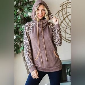 7th Ray Mushroom Cable Knit Hoodie Animal Print Contrast